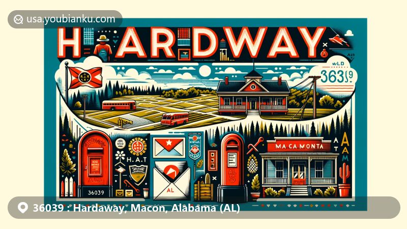Modern illustration of Hardaway, Alabama, highlighting postal theme with ZIP code 36039, showcasing rural landscapes, vintage post office facade, classic red mailbox, and envelope with ZIP code, against the backdrop of Alabama's outline. Cultural symbols representing the African American community are integrated, along with a prominent banner displaying 'Hardaway, AL 36039'. The artwork captures the essence of Hardaway's community spirit and postal heritage in a contemporary, inviting style, suitable for websites celebrating American ZIP codes and unique stories.