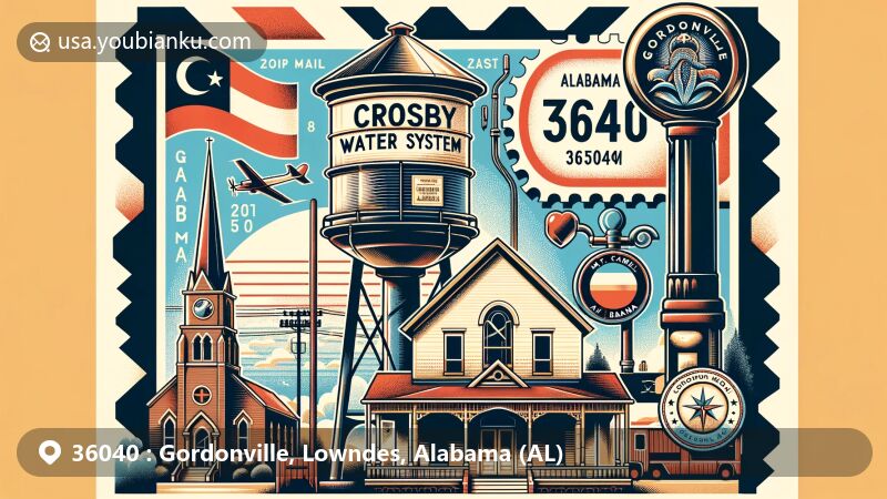Modern illustration of Gordonville, Alabama, showcasing postal theme with ZIP code 36040, featuring Crosby Water System, Mt. Carmel Baptist Church, Alabama state flag, vintage postage stamp, mailbox, and postmark.