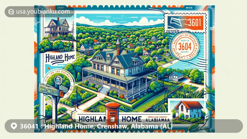 Modern illustration of Highland Home, Crenshaw County, Alabama, featuring ZIP Code 36041, showcasing landmarks like Kirkpatrick House and Highland Home College, and incorporating postal elements with vintage postcard design and red mailbox.
