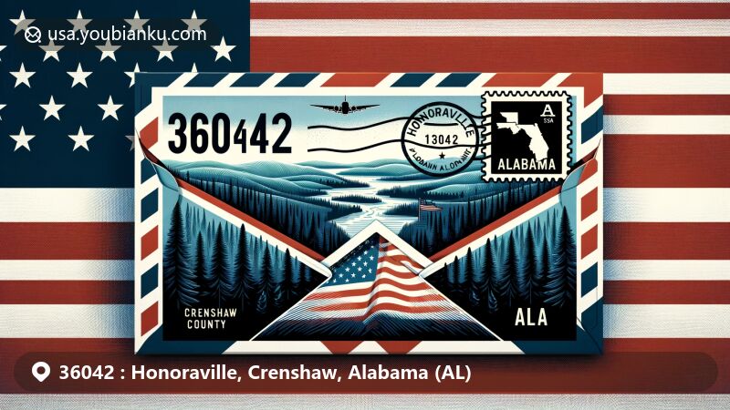 Innovative illustration of Honoraville, Crenshaw County, Alabama, with postal theme for ZIP code 36042, featuring pine forests, Alabama map, state flag, and United States flag in a harmonious design.