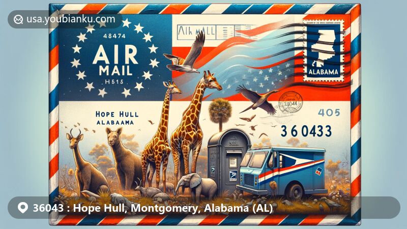 Creative illustration of Hope Hull, Alabama, featuring African wildlife from the Alabama Safari Park, like giraffes and kangaroos, set against a backdrop of the state flag and postal elements, including a vintage postbox and mail van, with a prominent postal stamp displaying ZIP Code 36043.