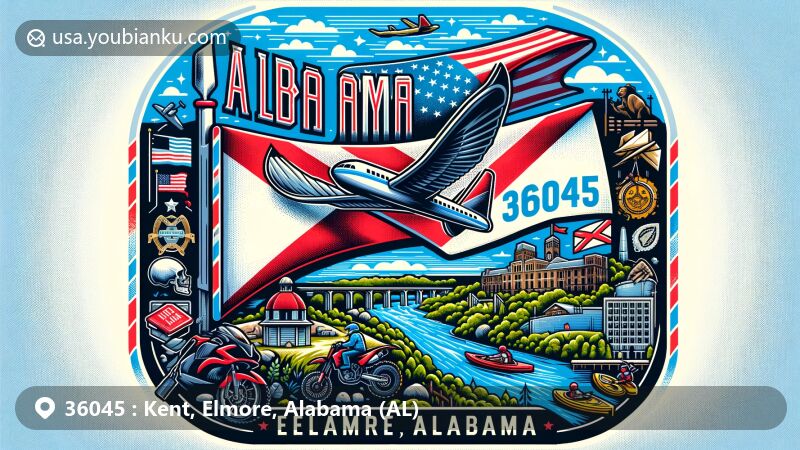 Modern illustration of Kent, Elmore County, Alabama, featuring airmail envelope with ZIP code 36045, Alabama state flag, and Elmore County outline, showcasing Fort Toulouse-Jackson Park, Coosa River kayaking, and Monster Mountain MX Park.