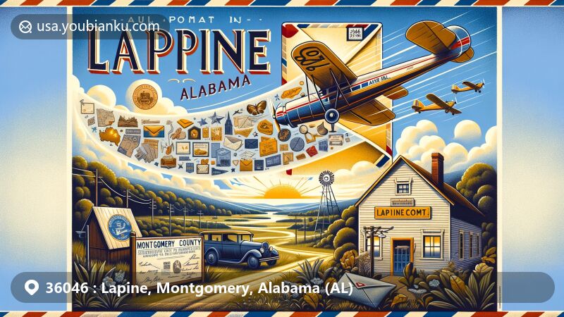 Modern illustration of Lapine area in Montgomery and Crenshaw counties, Alabama, featuring vintage air mail envelope with iconic elements representing local heritage and countryside beauty, including Map outline of Alabama, Lapine Post Office symbol, and local flora and fauna.