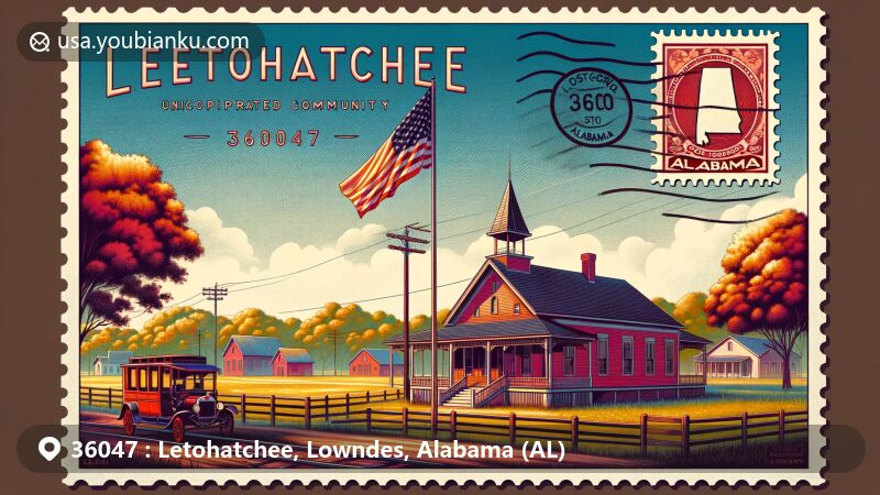 Contemporary illustration of Letohatchee, Alabama, in Lowndes County, showcasing rural landscape with Letohatchee Post Office, Calhoun Colored School, and postal elements, featuring ZIP code 36047 and Alabama state flag.