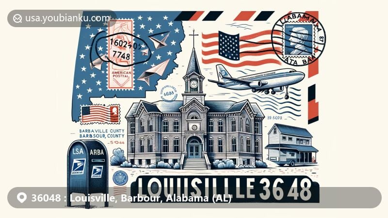 Modern illustration of Louisville, Barbour County, Alabama, showcasing postal theme with ZIP code 36048, featuring iconic schoolhouse museum and Alabama state flag design.