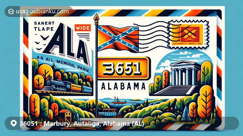 Modern illustration of Marbury, Alabama, showcasing airmail envelope with ZIP code 36051 and AL abbreviation, featuring elements of Confederate Memorial Park, rolling wooded countryside, and historical Civil War motifs.