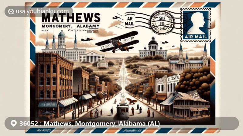 Vintage air mail envelope illustration merging Mathews and Montgomery, Alabama, showcasing postal themes with State Capitol, Civil Rights Memorial, Old Alabama Town, Civil Rights Trail, and Riverwalk.
