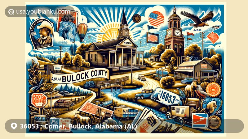 Vibrant illustration of the Comer area in Bullock County, Alabama, showcasing postal theme with ZIP code 36053, integrating vintage postal elements, historic landmarks, and natural beauty.