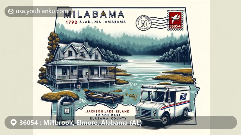 Modern illustration of Millbrook, Elmore County, Alabama, blending Jackson Lake Island's 'Big Fish' movie set and the Alabama Nature Center in a postcard format with Alabama state flag, vintage mailbox, and postal van, emphasizing ZIP code 36054.
