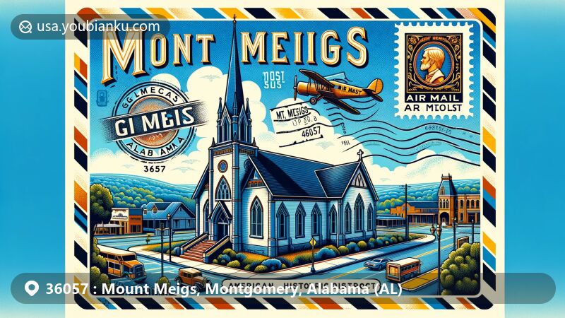 Modern illustration of Mount Meigs, Alabama, featuring Grace Episcopal Church and postal motifs, with ZIP Code 36057 and vintage air mail elements.