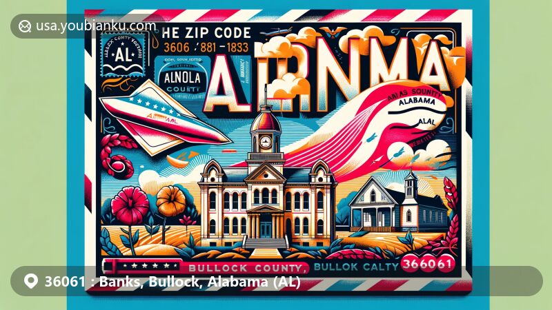 Modern illustration of the Banks area in Bullock County, Alabama, highlighting the ZIP code 36061 on an air mail envelope with the Bullock County Courthouse Historic District and Sardis Baptist Church. Includes Alabama state flag and cotton motifs, reflecting the region's history and culture.