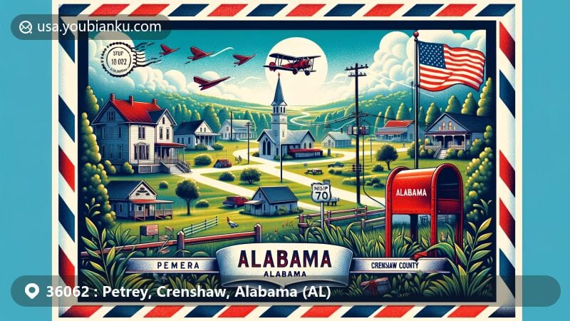 Modern illustration of Petrey, Crenshaw County, Alabama, featuring postal theme with ZIP code 36062, showcasing quaint homes, open landscapes, and the Alabama state flag.