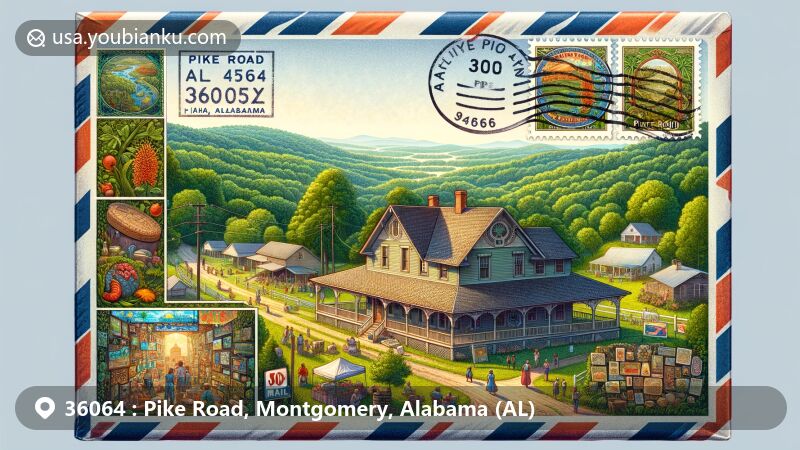 Modern illustration of Pike Road, Alabama, featuring Marks House and elements of Pike Road Arts and Crafts Fair, with airmail envelope, crafts, artworks, and community festivities.