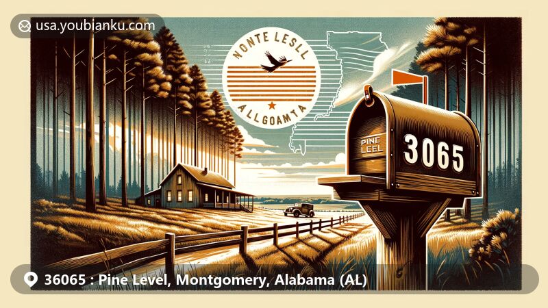 Creative illustration of Pine Level, Montgomery County, Alabama, capturing its natural beauty with pine forests and rural landscapes, incorporating postal themes and featuring ZIP code 36065.