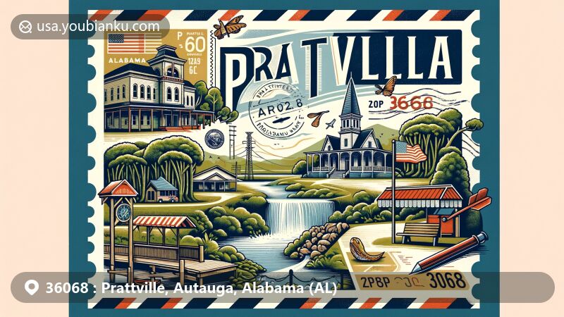 Modern illustration of Prattville, Autauga, Alabama (ZIP code 36068) with key landmarks like Wilderness Park/Bamboo Forest, Downtown Prattville, and Buena Vista Mansion. Features 'The Fountain City' nickname and postal elements for vibrant, historic representation.