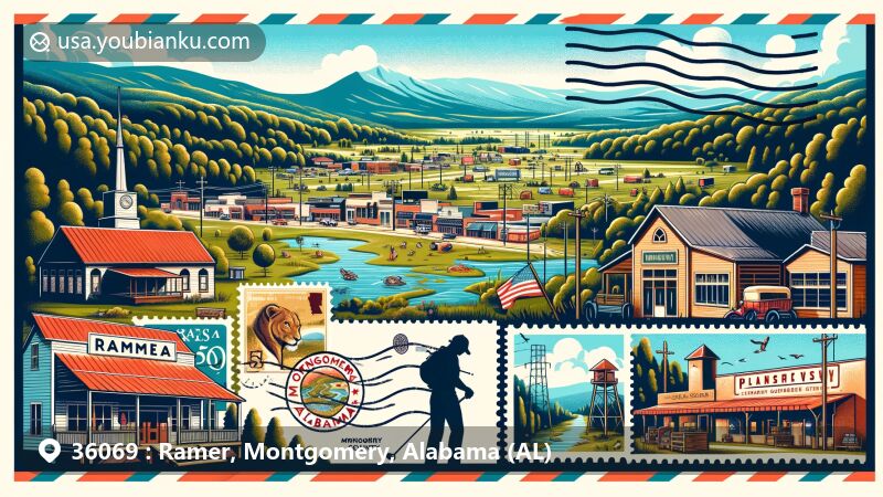 Modern illustration of Ramer, Alabama, Montgomery County, with postal theme and ZIP code 36069, showcasing local businesses like Ramer Mercantile and Parson's Grocery Store, and outdoor activities like fishing and camping.