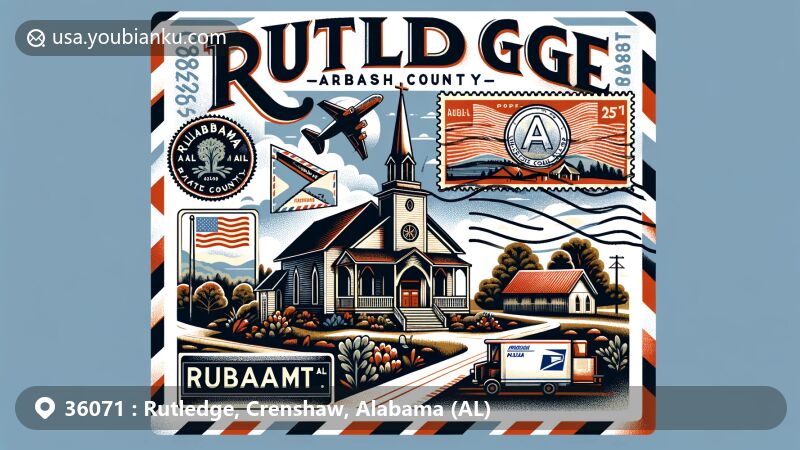 Modern illustration of Rutledge, Crenshaw County, Alabama, featuring postal theme with ZIP code 36071, showcasing Rutledge Primitive Baptist Church and Alabama state flag.