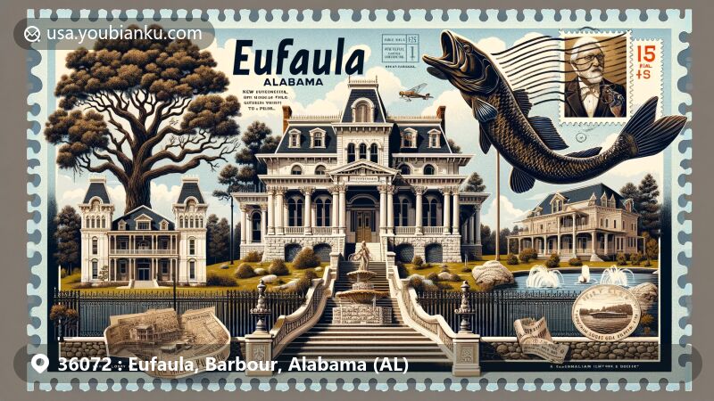 Modern illustration of Eufaula, Barbour, Alabama (AL), showcasing key landmarks like Fendall Hall, The Tree That Owns Itself, and the Seth Lore and Irwinton Historic District. It also features the 12-foot-tall fish statue 'Manny' and postal elements like stamps and a vintage air mail envelope.