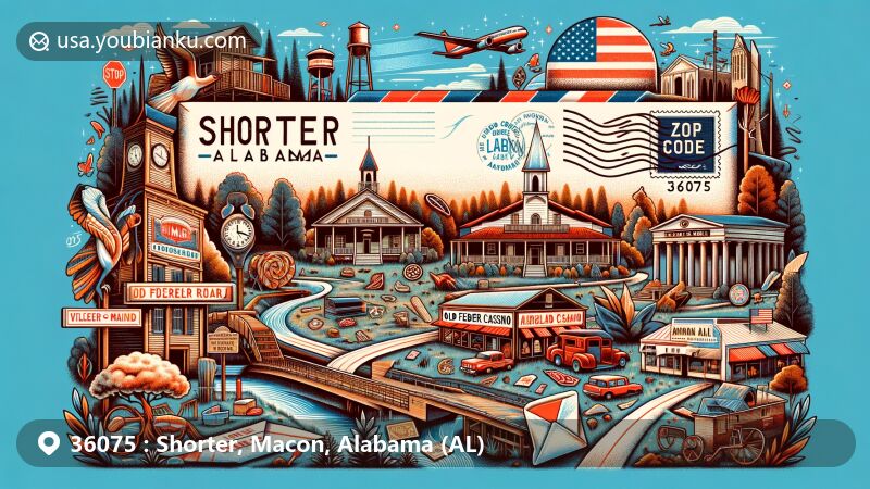 Modern illustration of Shorter, Alabama, in ZIP code 36075 area, blending historical roots with modern attractions, featuring Old Federal Road, Creek Indian Nation, Victoryland Casino, Airbnb Treehouse at Bella Luna Farm, and Macon County landmarks.