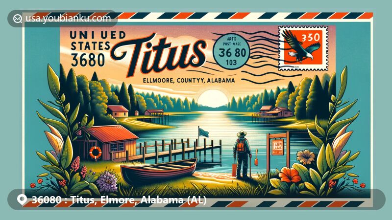 Modern illustration of Titus, Elmore County, Alabama, highlighting ZIP code 36080, featuring Jordan Lake, cultural events, and postal elements like postcard and stamps.