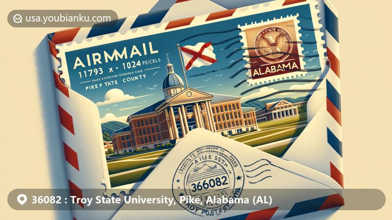 Modern illustration of Pike County, Alabama, showcasing airmail envelope with state flag, Troy State University stamp, ZIP Code 36082, and postmark. Background includes university campus scenery.