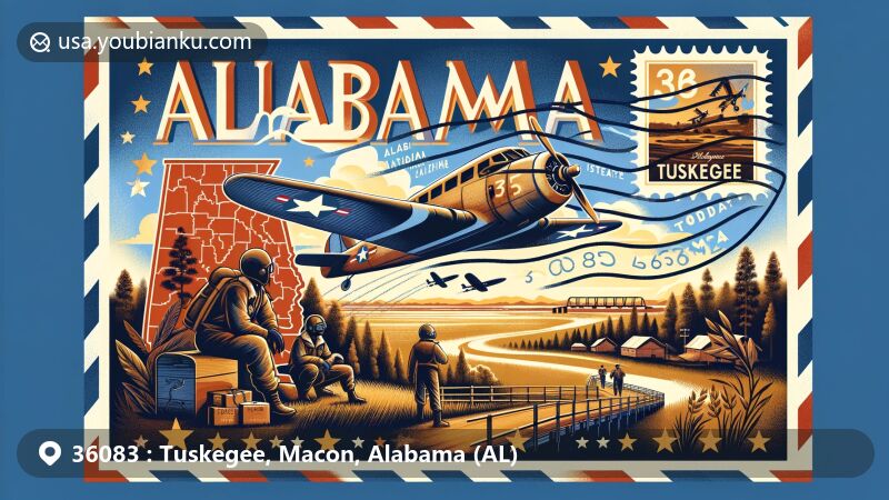 Modern illustration of Tuskegee, Alabama, featuring ZIP code 36083 on an air mail envelope, showcasing Tuskegee Airmen National Historic Site and Tuskegee National Forest, with Alabama's outline and a star marking Tuskegee's location.
