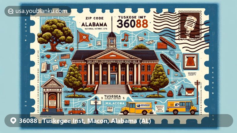 Modern illustration of Tuskegee Inst, Macon County, Alabama, with ZIP code 36088, featuring Tuskegee Institute National Historic Site, The Oaks, George Washington Carver Museum, and Alabama state symbols.