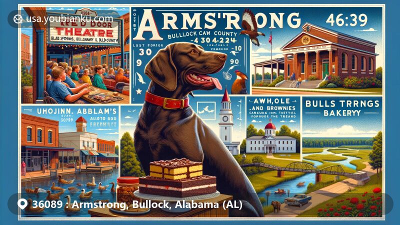 Modern illustration of Armstrong and Union Springs, Bullock County, Alabama, featuring Red Door Theatre, FPH Bakery, bird dog statue, Wehle Land Conservation, and Bullock County Courthouse, with subtle Alabama state symbols and postal elements highlighting ZIP code 36089.