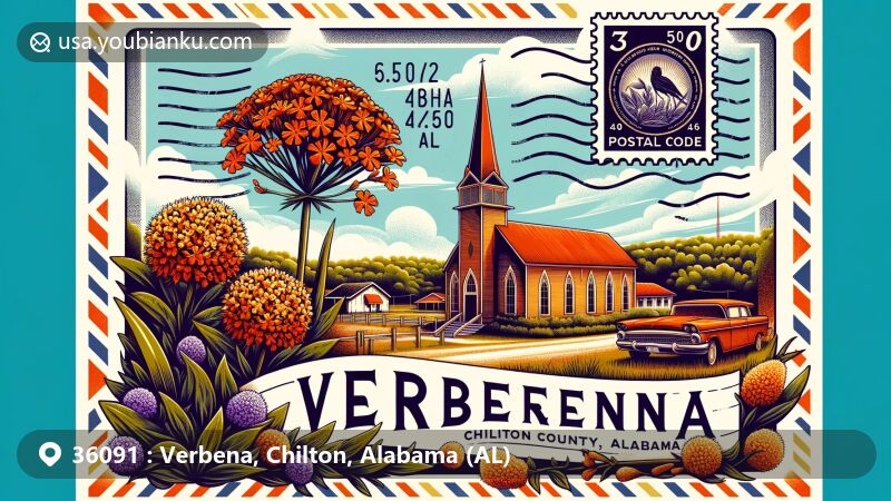 Modern illustration of Verbena, Chilton County, Alabama, showcasing postal theme with ZIP code 36091, featuring Verbena flowers and Verbena United Methodist Church.