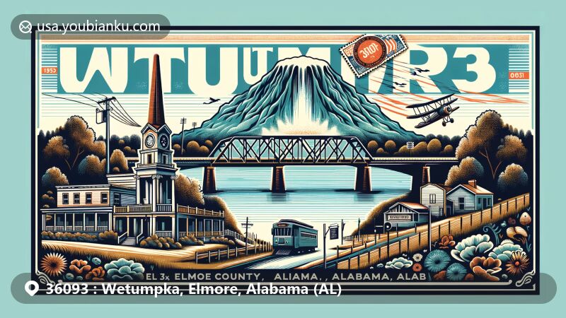 Artistic depiction of Wetumpka, Elmore County, Alabama, featuring Bibb Graves Bridge, Wetumpka Impact Crater, and postal theme with ZIP code 36093, merging local landmarks and natural beauty.