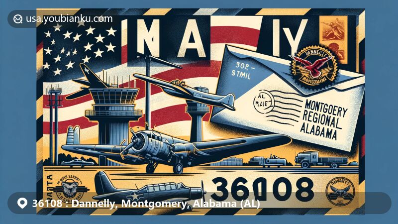Modern illustration of Dannelly, Montgomery, Alabama, featuring Montgomery Regional Airport, vintage planes, Alabama state flag, air mail envelope with '36108' ZIP Code, Red Tailed Hawk postage stamp, 187th Fighter Wing tribute, and Air National Guard motifs.