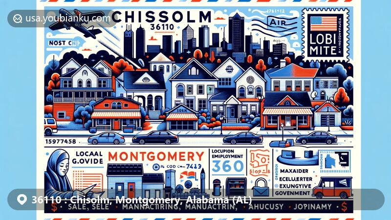 Modern illustration of Chisolm neighborhood in Montgomery, Alabama, portraying suburban character with diverse occupation landscape and low-income community aspect, incorporating state symbols and postal elements.