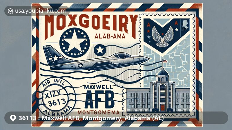Modern illustration of Maxwell AFB in Montgomery, Alabama, featuring postal theme with ZIP code 36113, showcasing historical symbols and Alabama state flag.