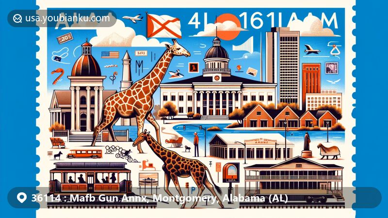 Modern illustration of Montgomery, Alabama, showcasing features and landmarks of ZIP Code 36114, including Montgomery Zoo, Old Alabama Town, Alabama State Capitol, The Freedom Rides Museum, The National Memorial for Peace and Justice, Riverfront Park, with Alabama state flag in the background.