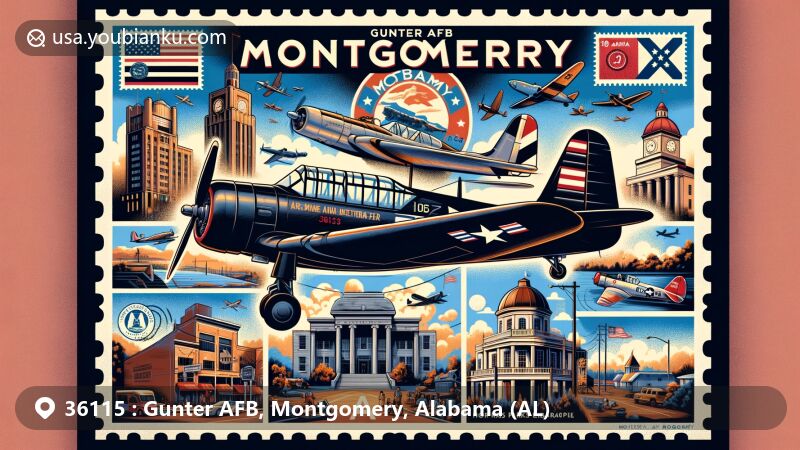 Modern illustration of Gunter AFB, Montgomery, Alabama, reminiscent of a wide-format postcard or air mail envelope, showcasing aviation history, World War II role, Vultee BT-13, North American AT-6 Texan, Civil Rights Memorial Center, Rosa Parks Library, state flag, vintage postal elements, postage stamps, and postal cancellation mark '36115 Gunter AFB, Montgomery, AL'. Vibrant and nostalgic, perfect for web design.