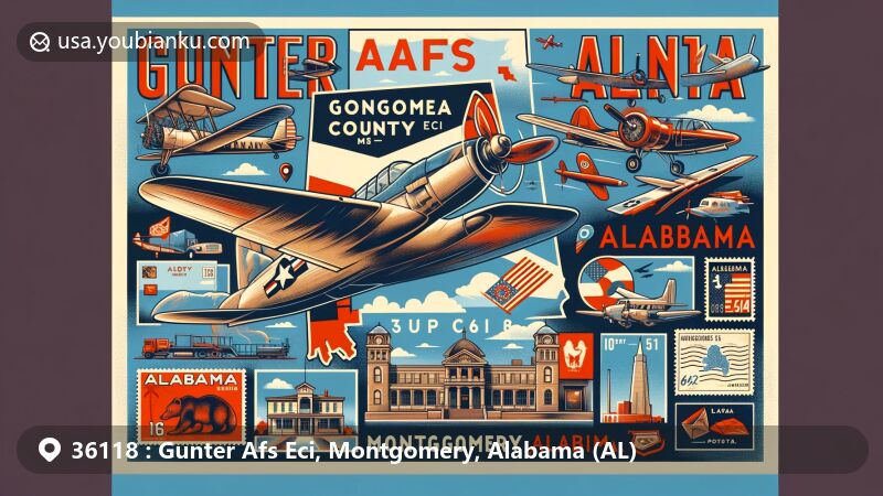 Modern illustration of Gunter AFS ECI, Montgomery, Alabama, emphasizing ZIP code 36118, featuring iconic elements of Gunter Annex and historical military aircraft like Vultee BT-13 and North American AT-6 Texan.