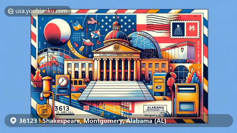 Modern illustration of Shakespeare area with ZIP code 36123 in Montgomery, Alabama, featuring Alabama Shakespeare Festival building, airmail envelope, state flag, postal stamps, and postmarks.