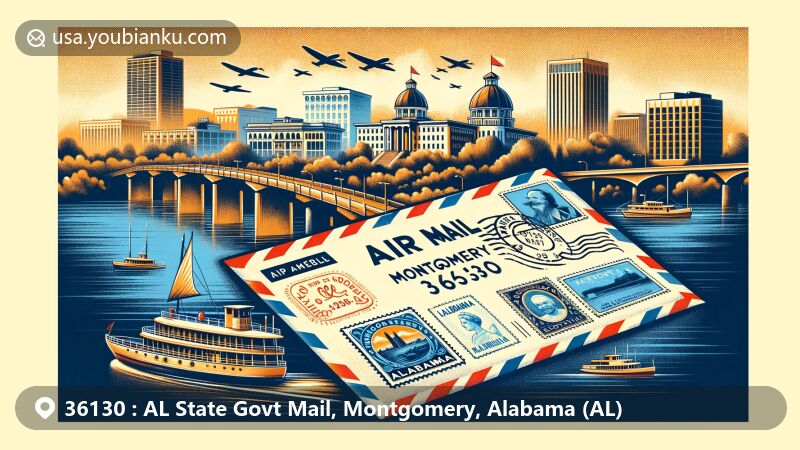 Modern illustration inspired by Montgomery, Alabama, showcasing postal theme with ZIP code 36130, featuring vintage air mail envelope and Alabama State Capitol stamp.