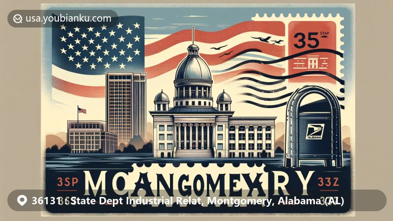 Modern illustration of Montgomery, State Dept Industrial Relat, Montgomery, Alabama (AL), featuring silhouette of the state capitol building and Alabama state flag, with a postal stamp showcasing ZIP code 36131 and vintage-style mailbox.