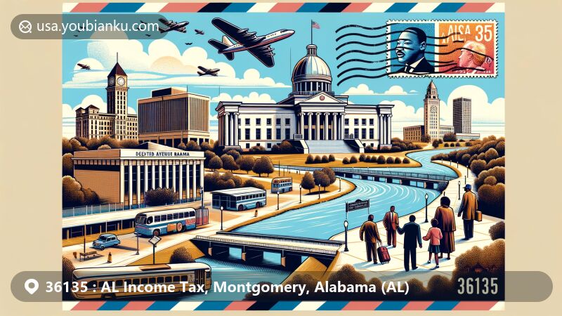 Modern illustration of Montgomery, Alabama, showcasing historical and civil rights landmarks like the Alabama State Capitol, Dexter Avenue King Memorial Baptist Church, Rosa Parks Library and Museum, National Memorial for Peace and Justice, and Riverfront Park, integrated into a postal theme with ZIP code 36135.