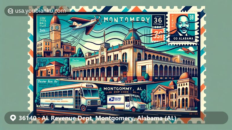 Modern illustration of Montgomery, Alabama, blending distinctive landmarks with postal themes, showcasing Union Station, Dexter Avenue King Memorial Baptist Church, and Old Alabama Town with vintage postal elements.