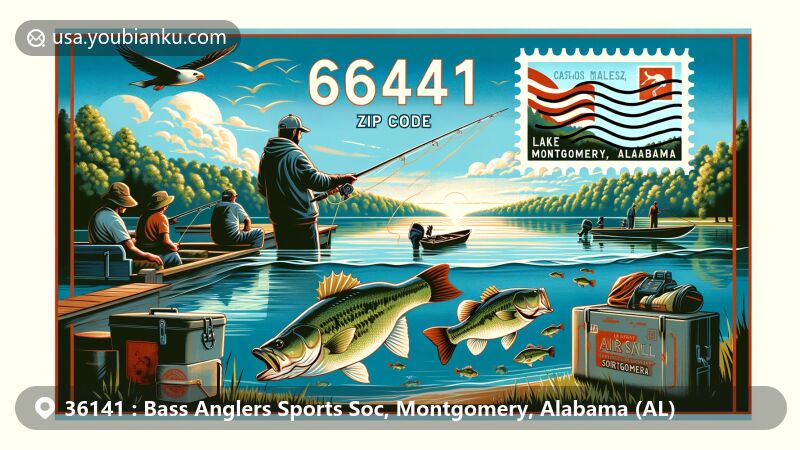 Modern illustration of Bass Anglers Sportsman Society and Lake Martin in Montgomery, Alabama, showcasing fishing theme with bass fish, fishing rod, and serene water, highlighting the lush landscapes of Alabama. Integrated postal elements include ZIP code 36141, airmail envelope design, and postage patterns, connecting to the theme of mail and postal service. The artwork subtly features the Alabama state flag, depicting a sunny fishing day at Lake Martin, in a contemporary and creative style, making it visually striking and emphasizing the unique identity of ZIP code 36141.