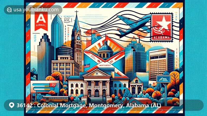 Modern illustration of Colonial Mortgage area, Montgomery, Alabama, with ZIP code 36142, integrating The Rosa Parks Museum and Alabama state flag, featuring vibrant postal elements like stamps and postmark.