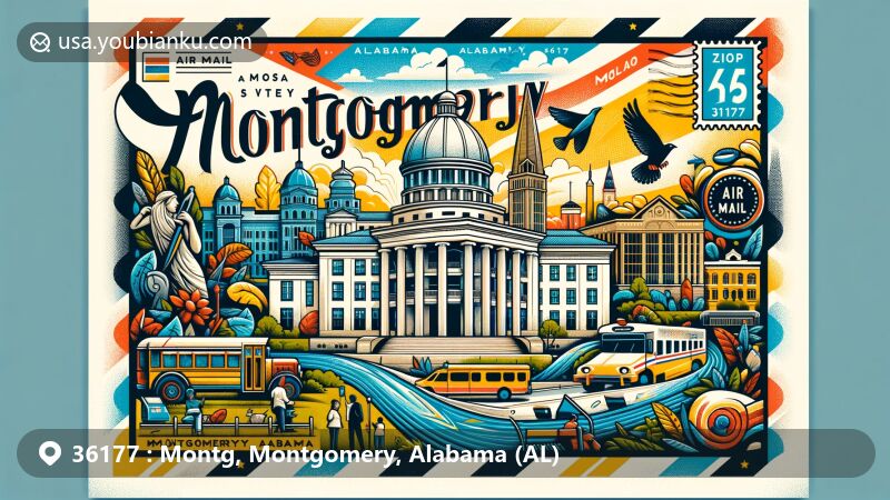 Creative illustration of Montgomery, Alabama, showcasing postal theme with ZIP code 36177, featuring iconic landmarks like the State Capitol, Dexter Avenue King Memorial Baptist Church, Rosa Parks statue, Union Station, and Riverfront Park.