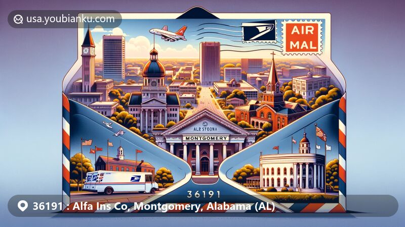 Creative illustration of Montgomery, Alabama, with ZIP code 36191, featuring iconic landmarks like the Alabama State Capitol and Dexter Avenue Baptist Church, set in a postal theme.
