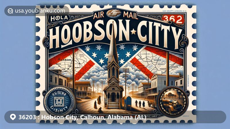 Creative illustration of Hobson City, Alabama, capturing postal theme with ZIP code 36203, featuring historical significance as the first self-governed all-black municipality in Alabama, integrating the state flag and stylized map of Calhoun County.