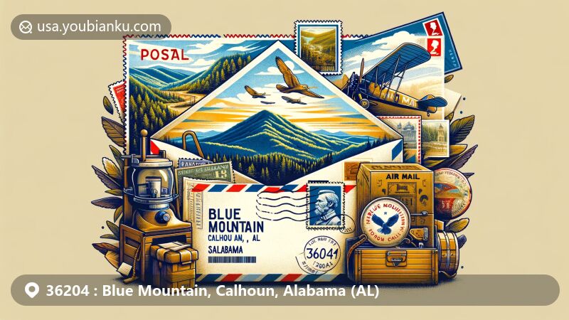 Illustration of Blue Mountain, Calhoun County, Alabama, highlighting ZIP code 36204, blending historical significance as a Confederate supply center during the Civil War with natural beauty. Features vintage air mail envelope, stamps, and postmark 'Blue Mountain, AL 36204' against a backdrop of historic maps and scenic landscapes.
