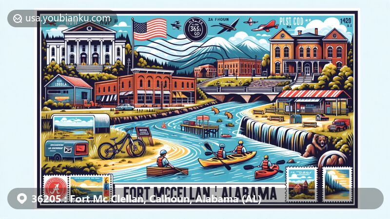 Modern illustration of Fort Mc Clellan, Calhoun, Alabama, with postal theme and Alabama state symbols, showcasing military heritage and outdoor activities like mountain biking and kayaking.