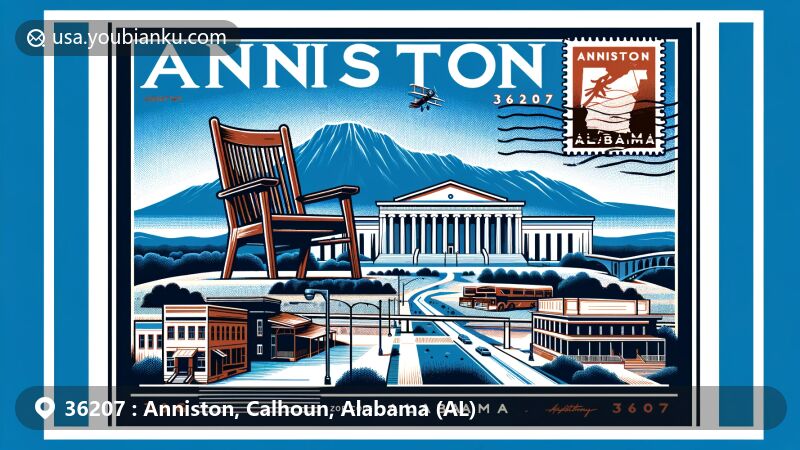 Modern illustration of Anniston, Alabama, highlighting postal theme with ZIP code 36207, showcasing Anniston Museum of Natural History and iconic Big Chair, reflecting local culture and natural beauty.