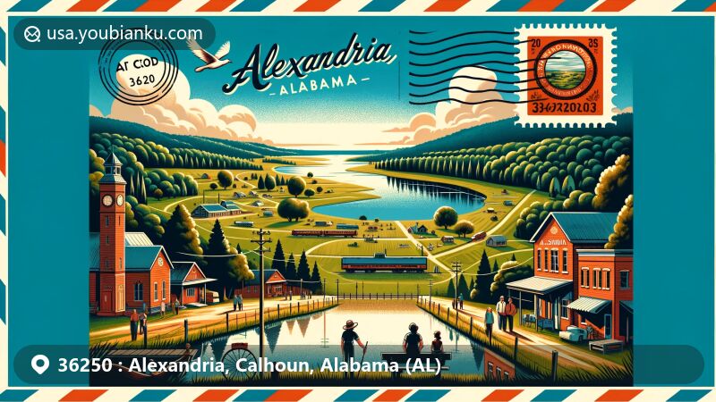 Modern illustration of Alexandria, Alabama, with ZIP code 36250, capturing rural charm and peaceful atmosphere, featuring rolling hills, dense forests, a picturesque lake, local community with small shops, historic train depot, residents engaging in outdoor activities like fishing and hunting.